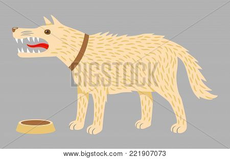 Angry evil dog in a brown collar and a dog bowl. Vector illustration on grey background