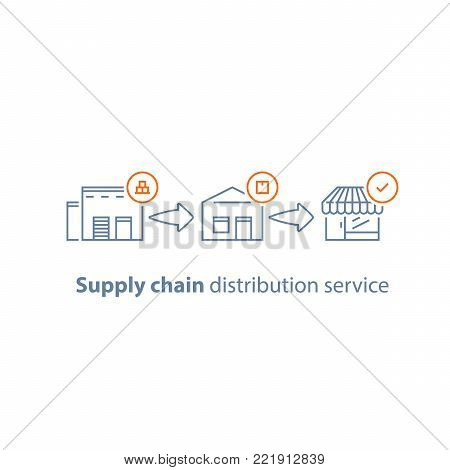 Supply chain concept, warehouse service, storage solution, goods distribution, shopping delivery, global shipping, parcel pick up point, collecting boxes, vector line icon set, linear illustration