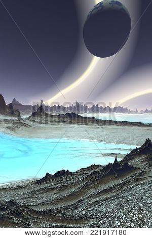 Fantasy alien planet. Mountain and water. 3D illustration