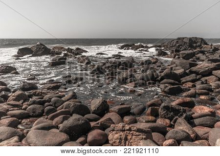 Rocky beach coastline ocean waves summer  coastline vintage tone landscape
