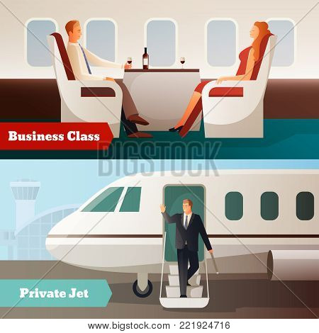 Trip on airplane horizontal banners with private jet and people in business class salon isolated vector illustration