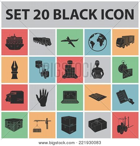 Logistics and delivery black icons in set collection for design. Transport and equipment isometric vector symbol stock  illustration.