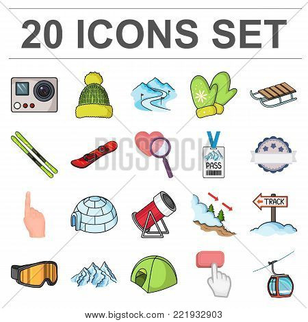 Ski resort and equipment cartoon icons in set collection for design. Entertainment and recreation vector symbol stock  illustration.