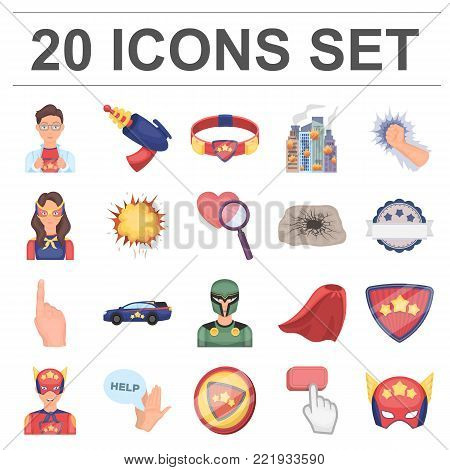 A fantastic superhero cartoon icons in set collection for design. Superhero's equipment vector symbol stock  illustration.