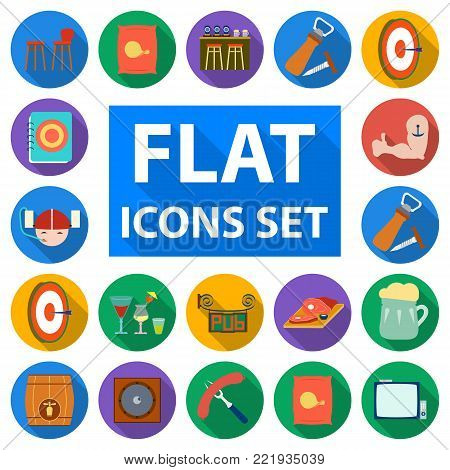 Pub, interior and equipment flat icons in set collection for design. Alcohol and food vector symbol stock  illustration.