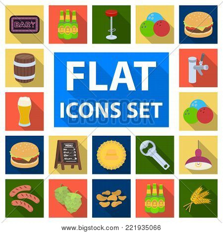 Pub, interior and equipment flat icons in set collection for design. Alcohol and food vector symbol stock  illustration.