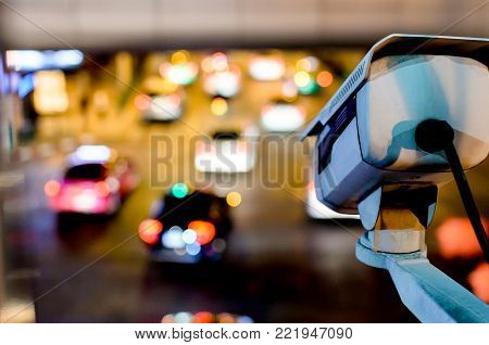 A Security Cctv Camera Has Focus And Recording A Lot Of Car On The Road With Trafficjam At Night Cit