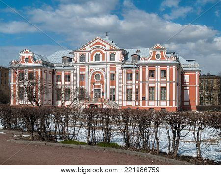 The historical building of Kikiny Chamber is a monument of Baroque architecture in the center of the city of St. Petersburg in April in a clear sunny day