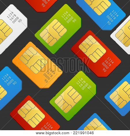 Realistic 3d Detailed Color Sim Card Seamless Pattern Background on a Dark Global Communication Technology Symbol. Vector illustration of Telephone Simcards