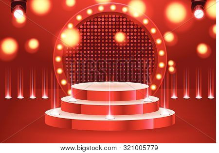Stage Podium With Lighting, Stage Podium For Award Ceremony With Red Background.  Vector Illustratio