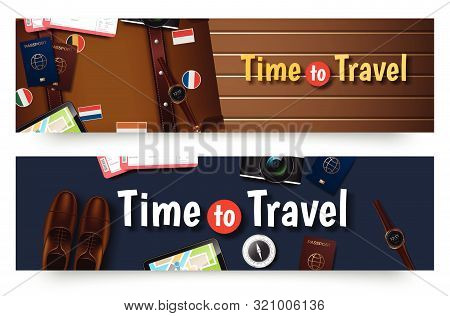 Colourful Travel Vector Flat Banner Set For Your Business. Quality Design Illustrations, Elements An