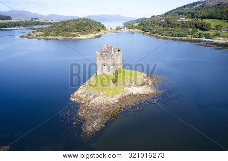 Castle Stalker At Port Appin In Argyll And Bute Highlands Scotland Aerial Birdseye View From Above