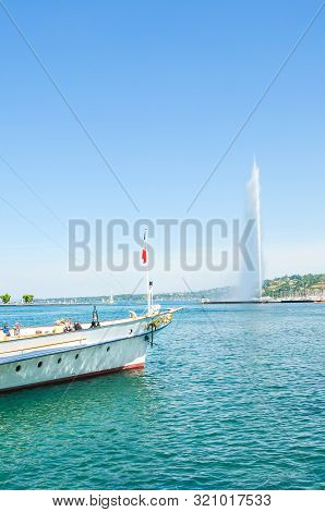 Geneva, Switzerland - July 17, 2019: Jet Deau, Famous Water Fountain On Lake Geneva. Symbol Of The S
