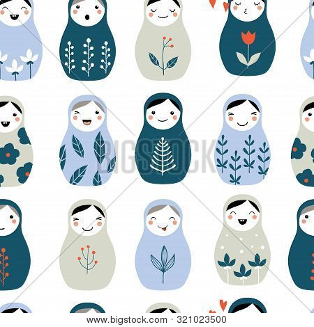 Nesting Doll Seamless Pattern. Matryoshka, Russian Doll With Doodle Floral Ornaments. Background Wit