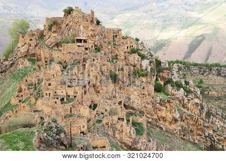 Old Abandoned Ghost Village In The Caucasian Mountains. Gamsutl, Republic Of Dagestan, Russia.