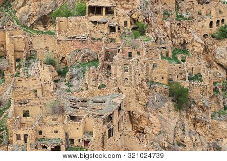 Old Abandoned Ghost Village In The Caucasian Mountains. Gamsutl, Republic Of Dagestan, Russia.