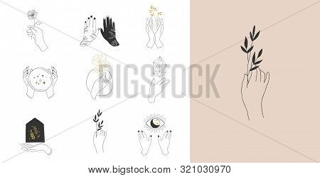 Collection Of Fine, Hand Drawn Style Logos And Icons Of Hands. Fashion, Skin Care And Wedding Concep