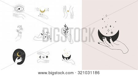 Collection Of Fine, Hand Drawn Style Logos And Icons Of Hands. Fashion, Skin Care And Wedding Concep