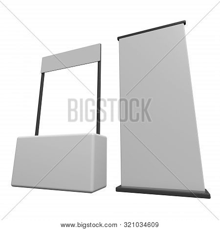 Stall Or Kiosk Modern Promostand Reception Desk With Roll Up. Trade Show Booth White And Blank. 3d R