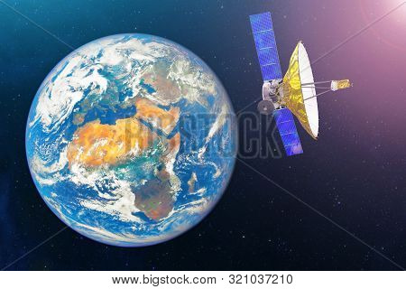 Satellite With Extensive Dish Antenna In The Geostationary Orbit Of The Earth, For Communication And