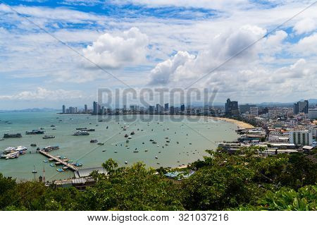 View Of Pattaya Bay Viewpoint From Pratumnak Hill. Pattaya City On Blue Sky In Chonburi Thailand.