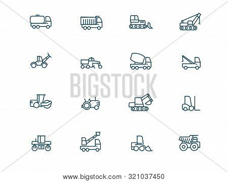 Construction Machinery Vector Linear Icons Set. Heavy Duty Machines Outline Symbols Pack. Collection