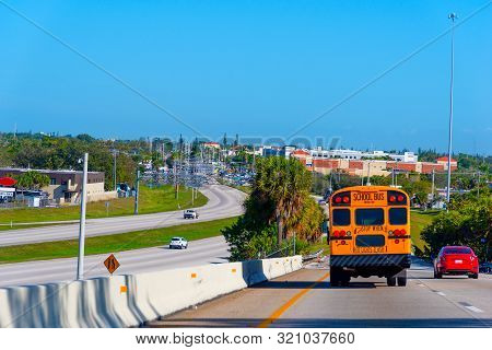 School Bus On The Highway In Southern Florida, Usa