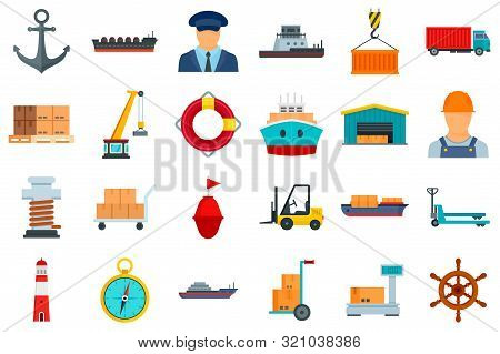 Marine Port Icons Set. Flat Set Of Marine Port Vector Icons For Web Design