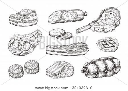 Meat Steak. Vintage Food Sketch With Butchery Products, Pork Ham Bacon Lamb Ribs And Beefsteak. Vect