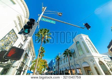 Blue Sky Over Famous Rodeo Drive In Beverly Hills. Los Angeles, California