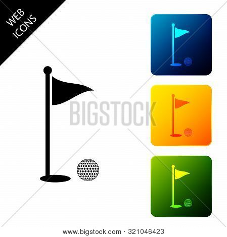Golf Ball And Hole With Flag Icon Isolated. Golf Course. Ball And Flagstick In Hole. Sport Concept. 