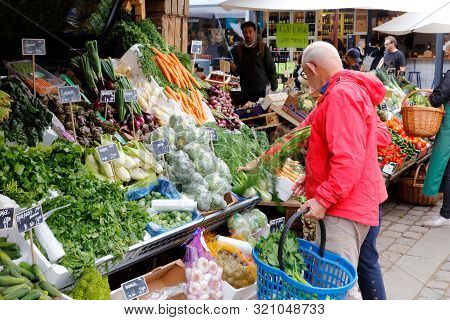 Copenhagen, Denmark - September 4, 2019: Market Stall With Fresh  Vegetables At The Torvehallerne Ma