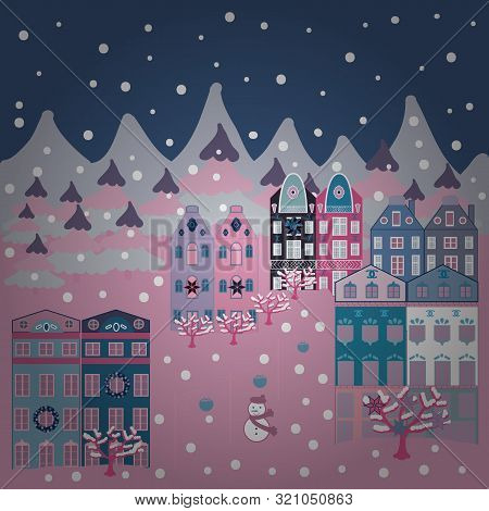 Houses On Neutral, Blue And Gray Colors. Vector. Colorful Bright Buildings On The Hills And Trees.