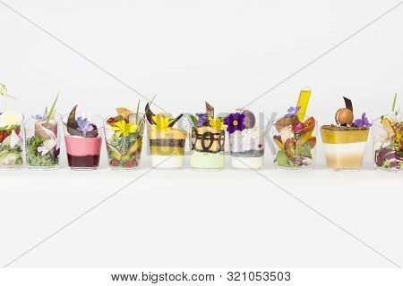 Mini Canapes For Refreshments At Banquets Receptions Catering On A White Background.