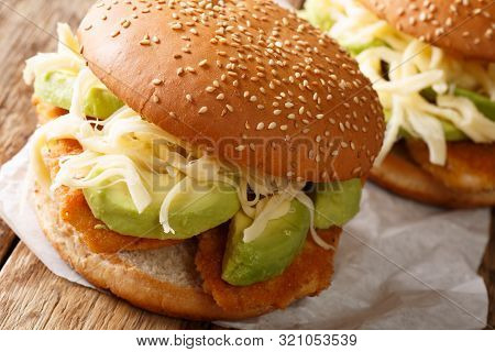 Mexican Cemita Sandwich With Meat, Cheese, Avocado And Sauce Close-up. Horizontal