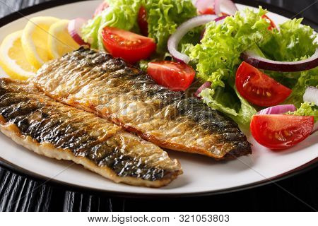 Spicy Grilled Mackerel Fillet With Lemon And Fresh Vegetable Salad Close-up On A Plate. Horizontal