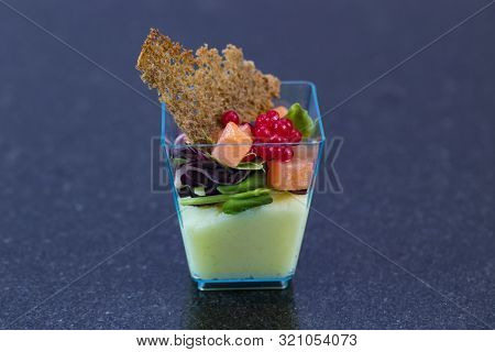 Mini Canapes For Refreshments At Banquets Receptions Catering On A Dark Background.