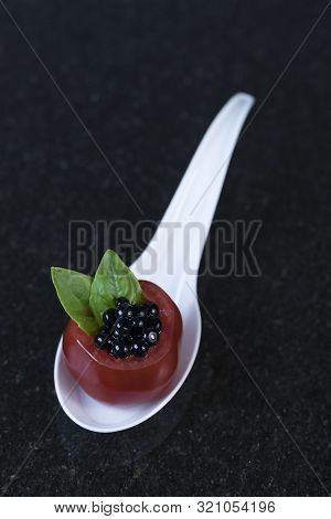 Mini Canapes For Refreshments At Banquets Receptions Catering On A Dark Background.