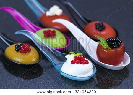 Mini Canapes For Refreshments At Banquets Receptions Catering On A Dark Background.