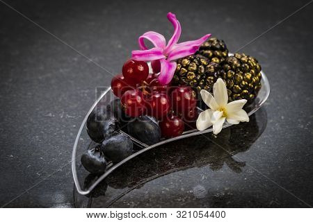 Mini Canapes For Refreshments At Banquets Receptions Catering On A Dark Background.