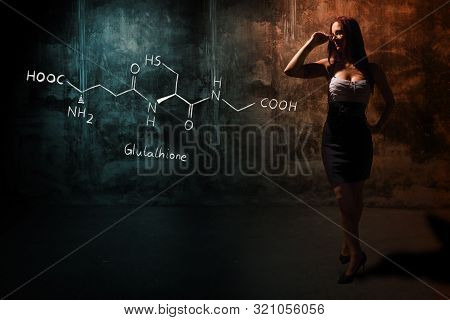 Sexy Girl Or Secretary Or Female Student Presenting Handdrawn Chemical Formula Of Glutathione Antiox