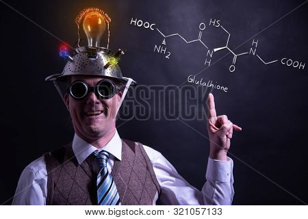 Nerd Presenting Handdrawn Chemical Formula Of Formic Glutathione Antioxidant Peptide