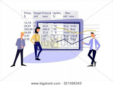 Equity Research Concept. Teamwork On Stock Market. Sales Managers, Analysts. Hand Drawn People, Tabl