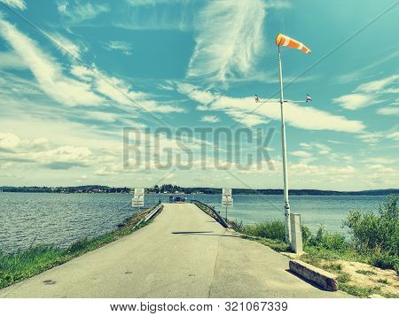 Lipno Lake With Small Jetty, Pier Mole, Wind Sleeve. 16th Of July 2019, Lipno Lake Czech Republic. B