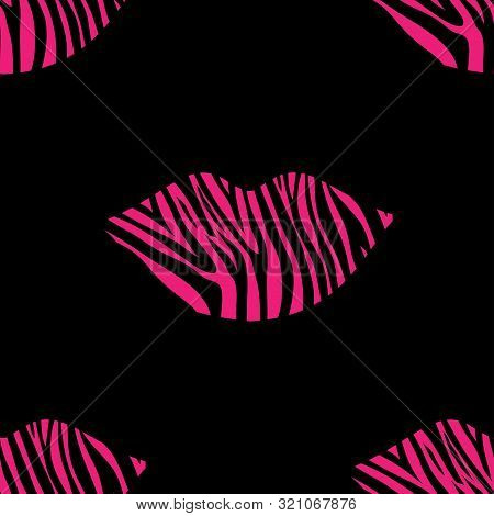 Seamless Pattern Of Lips With Animal Skin In Hot Pink On Black Background, Zebra Skin, Wild Animals 