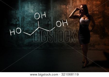 Sexy Girl Or Secretary Or Female Student Presenting Handdrawn Chemical Formula Of Glycerol