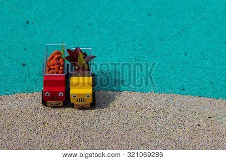 Two Toy Cars Trucks Brought Autumn With Them. In The Back Are Red Leaves And Rowan Berries. Copy Spa