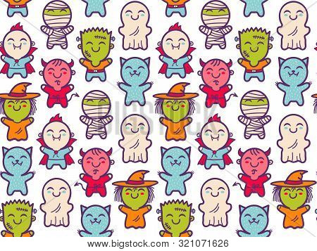 Vector Seamless Pattern With Children In Costumes For Halloween. Pattern With Cute Kids In Halloween