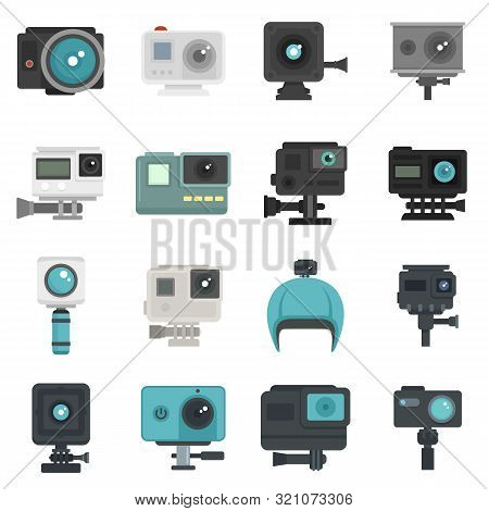 Action Camera Icons Set. Flat Set Of Action Camera Vector Icons For Web Design