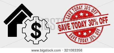 Vector House Financial Settings Icon And Save Today 30 Percent Off Seal Stamp. Red Round Grunge Seal